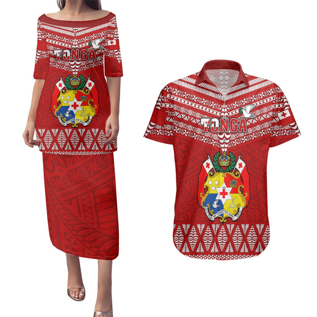 Custom Tonga Rugby Couples Matching Puletasi Dress and Hawaiian Shirt 2023 World Cup Tongan Kupesi Ngatu Pattern LT14 Red - Polynesian Pride