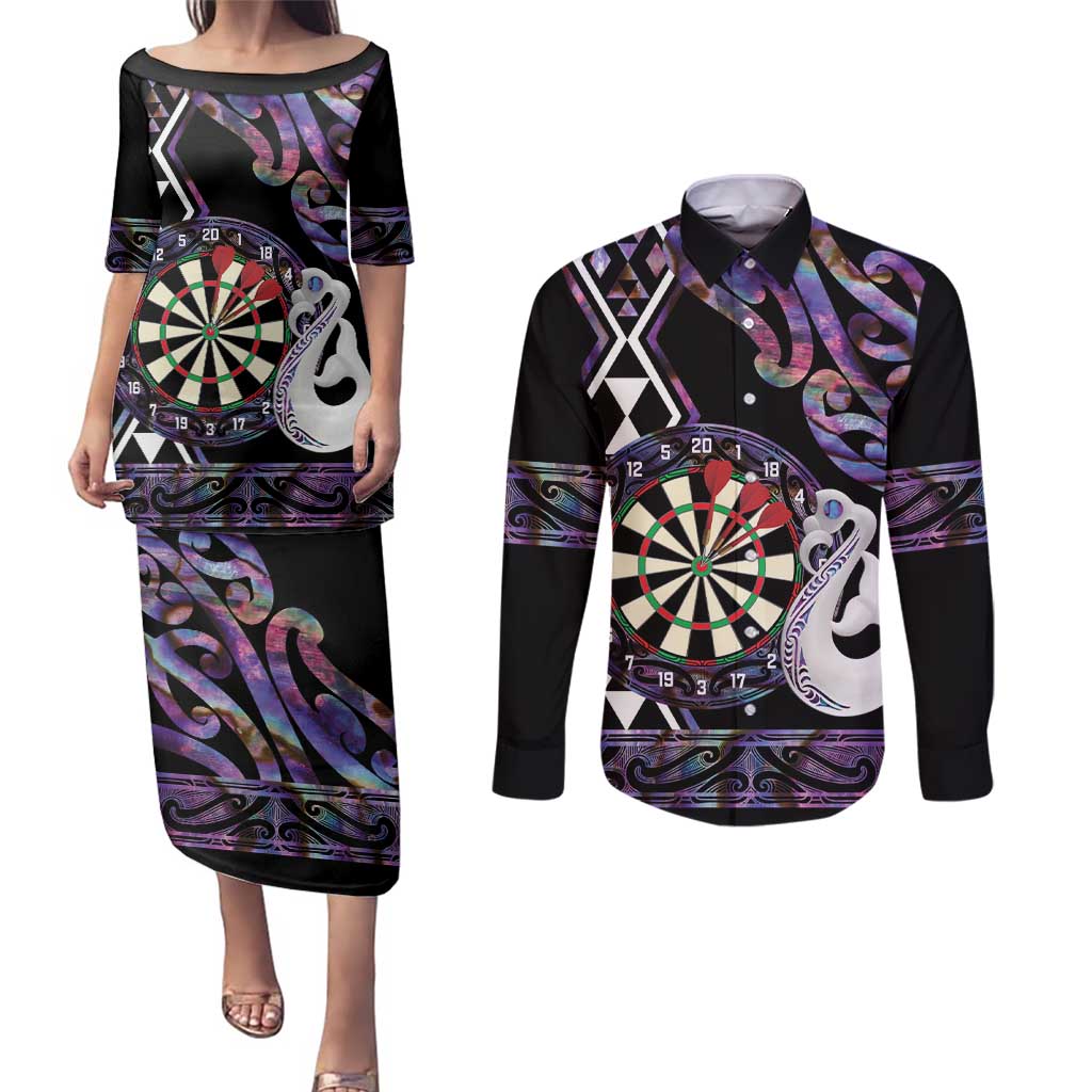 Personalised New Zealand Darts Couples Matching Puletasi and Long Sleeve Button Shirt Ngutukaka Manaia Taniko Luxury Purple - Polynesian Pride