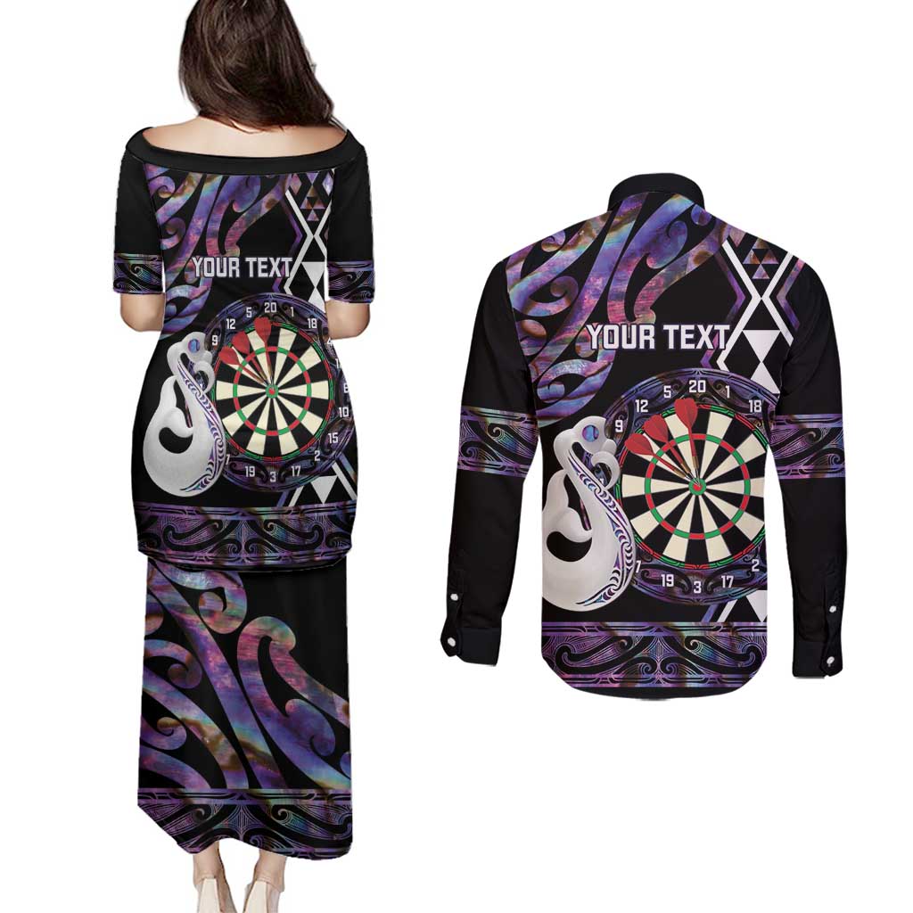Personalised New Zealand Darts Couples Matching Puletasi and Long Sleeve Button Shirt Ngutukaka Manaia Taniko Luxury Purple - Polynesian Pride