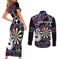 Personalised New Zealand Darts Couples Matching Short Sleeve Bodycon Dress and Long Sleeve Button Shirt Ngutukaka Manaia Taniko Luxury Purple - Polynesian Pride