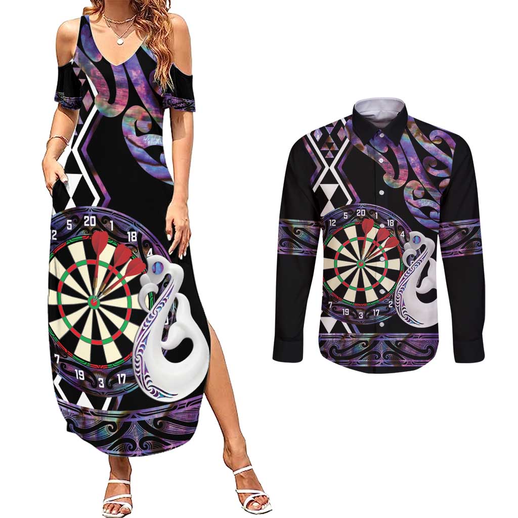 Personalised New Zealand Darts Couples Matching Summer Maxi Dress and Long Sleeve Button Shirt Ngutukaka Manaia Taniko Luxury Purple - Polynesian Pride