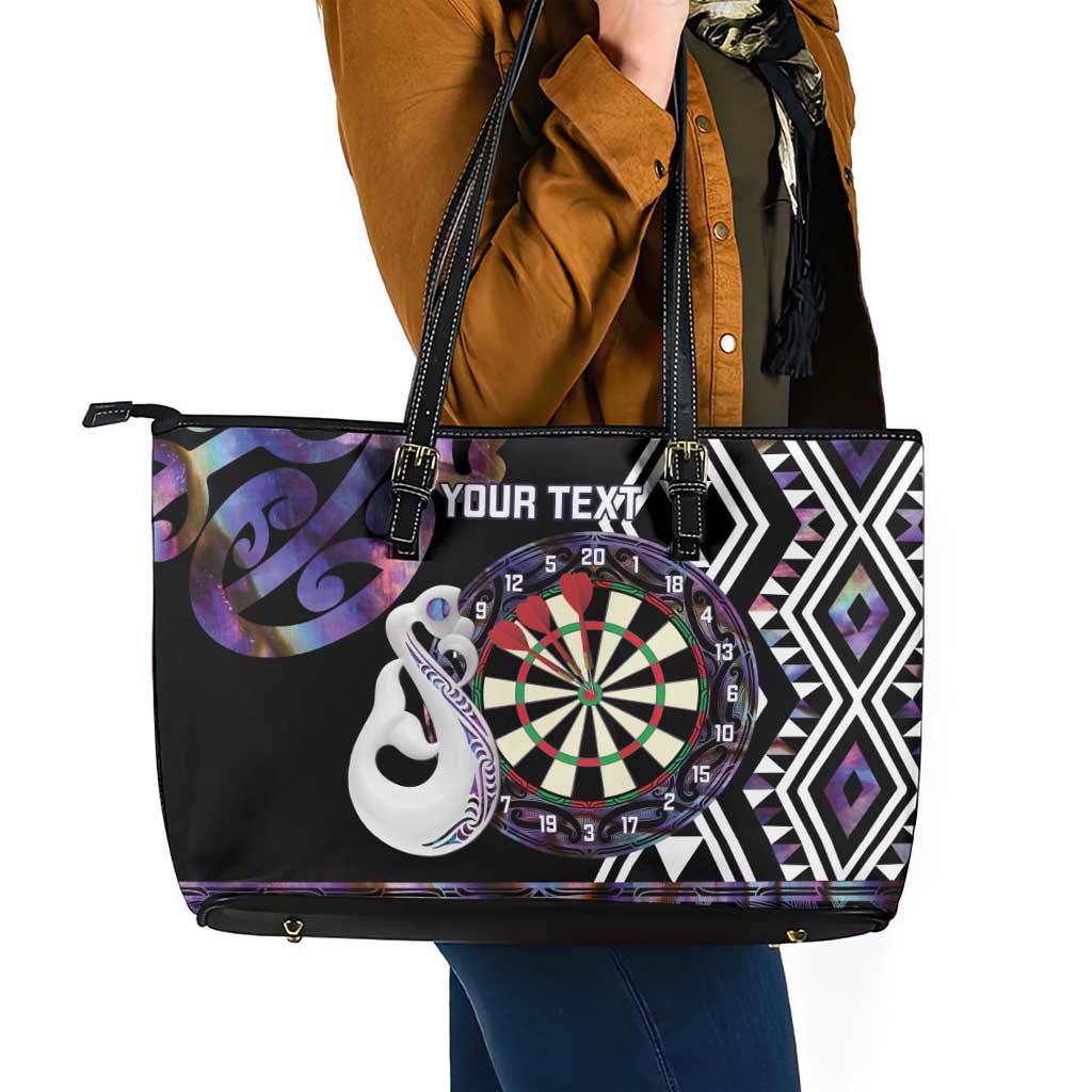 Personalised New Zealand Darts Leather Tote Bag Ngutukaka Manaia Taniko Luxury Purple - Polynesian Pride