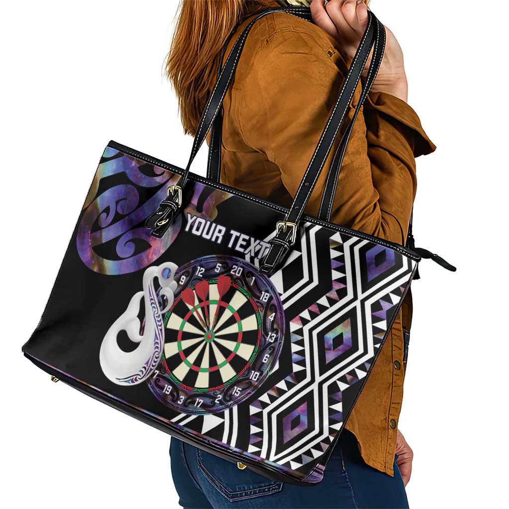 Personalised New Zealand Darts Leather Tote Bag Ngutukaka Manaia Taniko Luxury Purple - Polynesian Pride