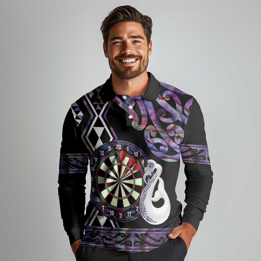 Personalised New Zealand Darts Long Sleeve Polo Shirt Ngutukaka Manaia Taniko Luxury Purple - Polynesian Pride