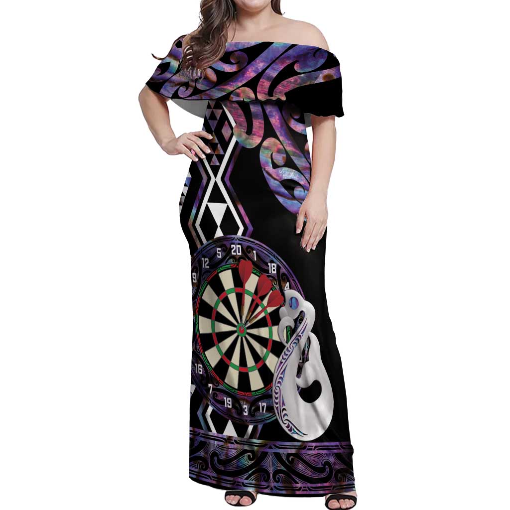 Personalised New Zealand Darts Off Shoulder Maxi Dress Ngutukaka Manaia Taniko Luxury Purple - Polynesian Pride