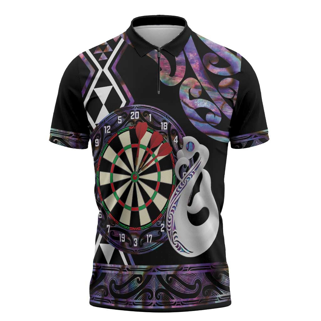 Personalised New Zealand Darts Zipper Polo Shirt Ngutukaka Manaia Taniko Luxury Purple - Polynesian Pride