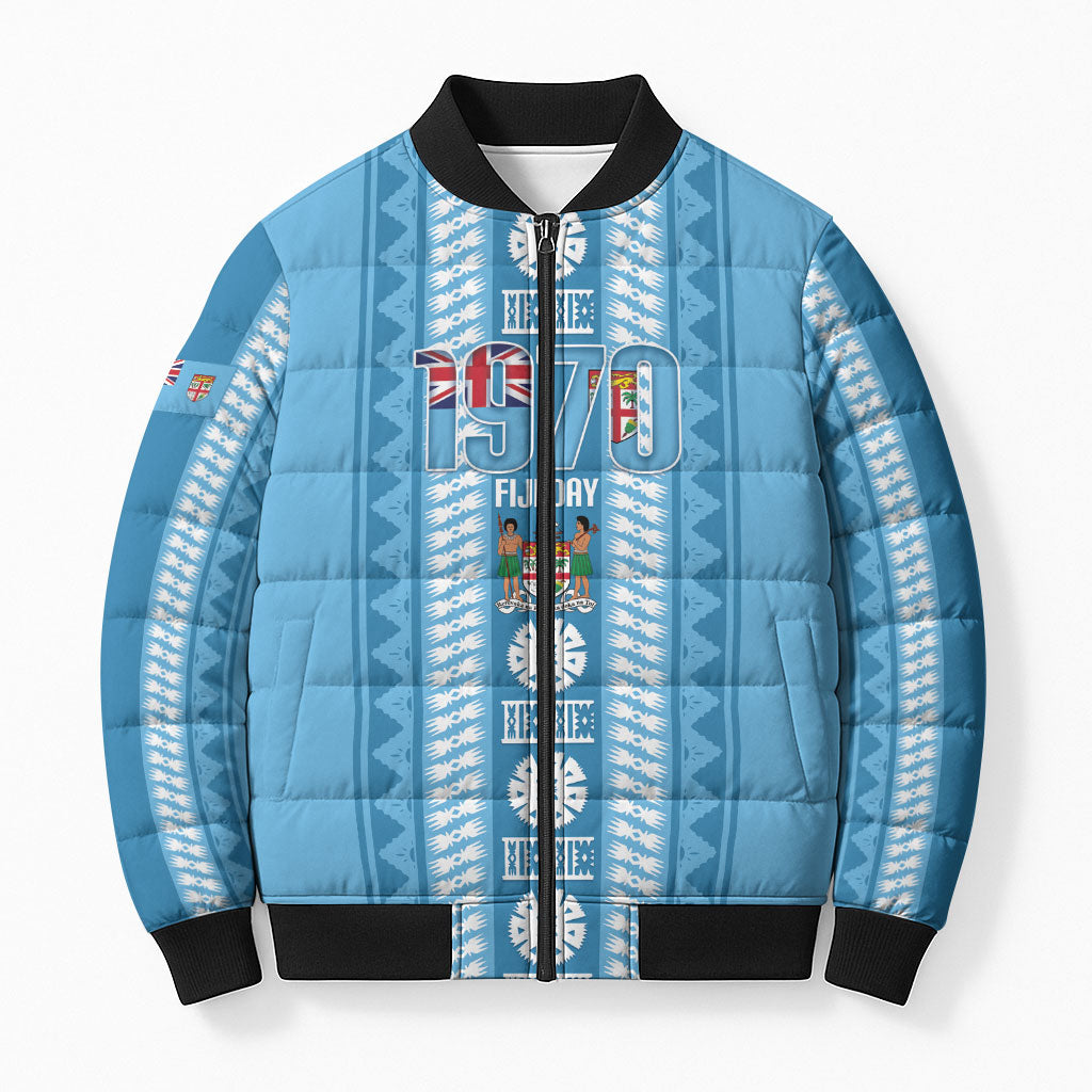 Fiji Day 1970 Bomber Puffer Jacket For Fiji Ever Fiji Tapa Pattern Blue LT14 Unisex Blue - Polynesian Pride