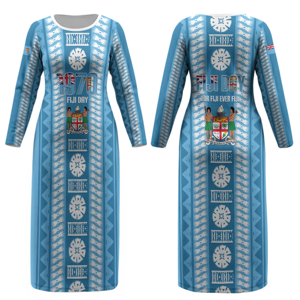 Fiji Day 1970 Couples Matching Long Sleeve Bodycon Dress and Hawaiian Shirt For Fiji Ever Fiji Tapa Pattern Blue LT14 - Polynesian Pride