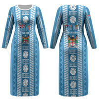 Fiji Day 1970 Couples Matching Long Sleeve Bodycon Dress and Hawaiian Shirt For Fiji Ever Fiji Tapa Pattern Blue LT14 - Polynesian Pride