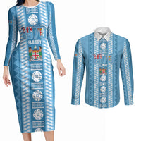 Fiji Day 1970 Couples Matching Long Sleeve Bodycon Dress and Long Sleeve Button Shirt For Fiji Ever Fiji Tapa Pattern Blue LT14 Blue - Polynesian Pride