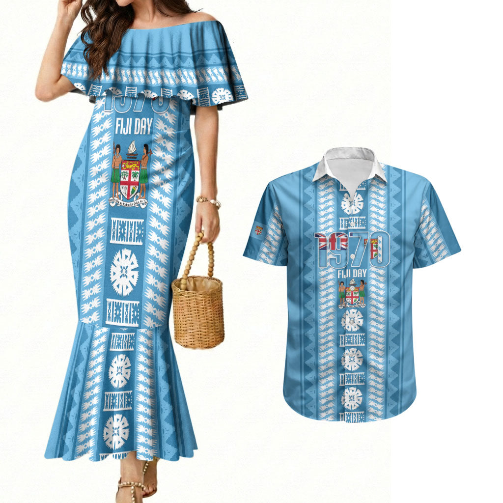 Fiji Day 1970 Couples Matching Mermaid Dress and Hawaiian Shirt For Fiji Ever Fiji Tapa Pattern Blue LT14 Blue - Polynesian Pride