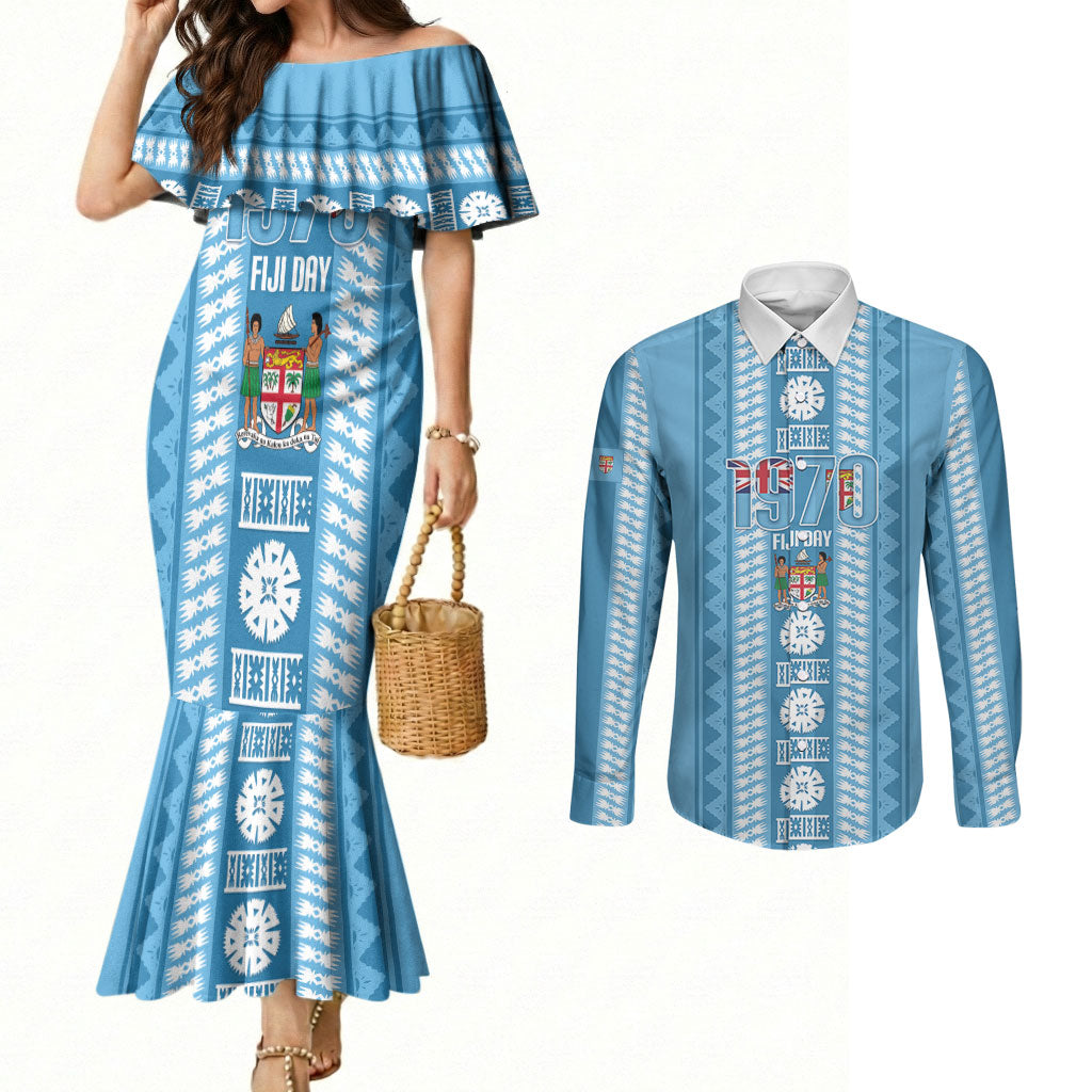 Fiji Day 1970 Couples Matching Mermaid Dress and Long Sleeve Button Shirt For Fiji Ever Fiji Tapa Pattern Blue LT14 Blue - Polynesian Pride