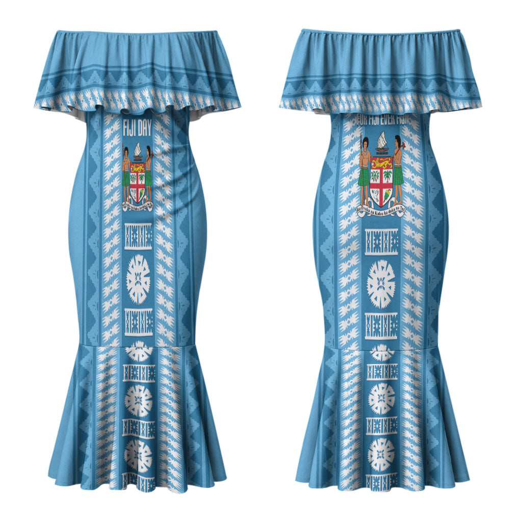 Fiji Day 1970 Couples Matching Mermaid Dress and Long Sleeve Button Shirt For Fiji Ever Fiji Tapa Pattern Blue LT14 - Polynesian Pride