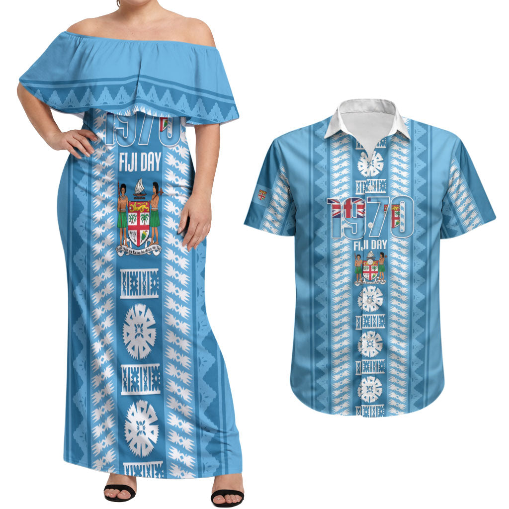 Fiji Day 1970 Couples Matching Off Shoulder Maxi Dress and Hawaiian Shirt For Fiji Ever Fiji Tapa Pattern Blue LT14 Blue - Polynesian Pride