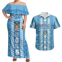 Fiji Day 1970 Couples Matching Off Shoulder Maxi Dress and Hawaiian Shirt For Fiji Ever Fiji Tapa Pattern Blue LT14 Blue - Polynesian Pride
