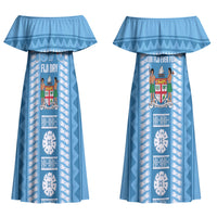 Fiji Day 1970 Couples Matching Off Shoulder Maxi Dress and Hawaiian Shirt For Fiji Ever Fiji Tapa Pattern Blue LT14 - Polynesian Pride