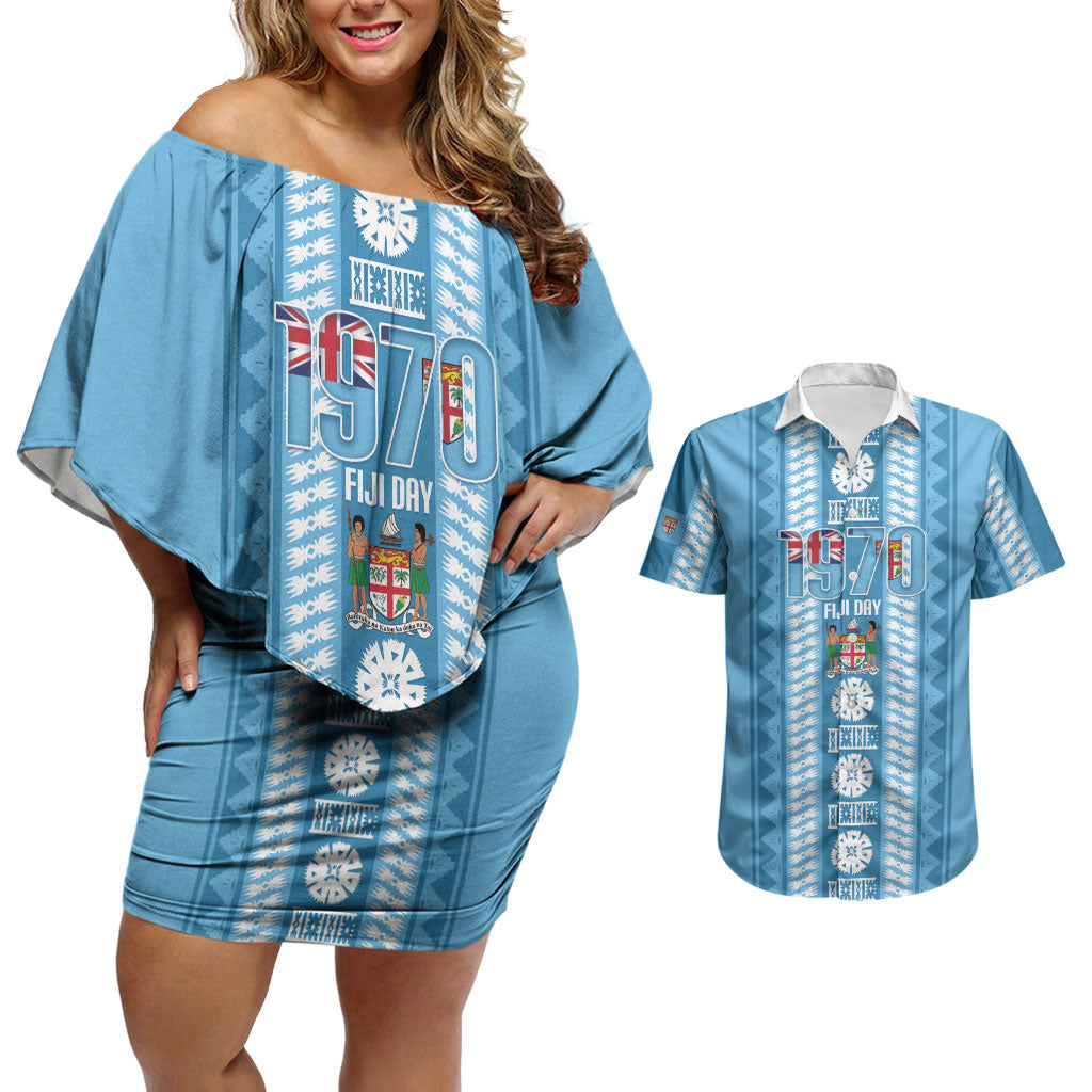 Fiji Day 1970 Couples Matching Off Shoulder Short Dress and Hawaiian Shirt For Fiji Ever Fiji Tapa Pattern Blue LT14 Blue - Polynesian Pride