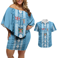 Fiji Day 1970 Couples Matching Off Shoulder Short Dress and Hawaiian Shirt For Fiji Ever Fiji Tapa Pattern Blue LT14 Blue - Polynesian Pride