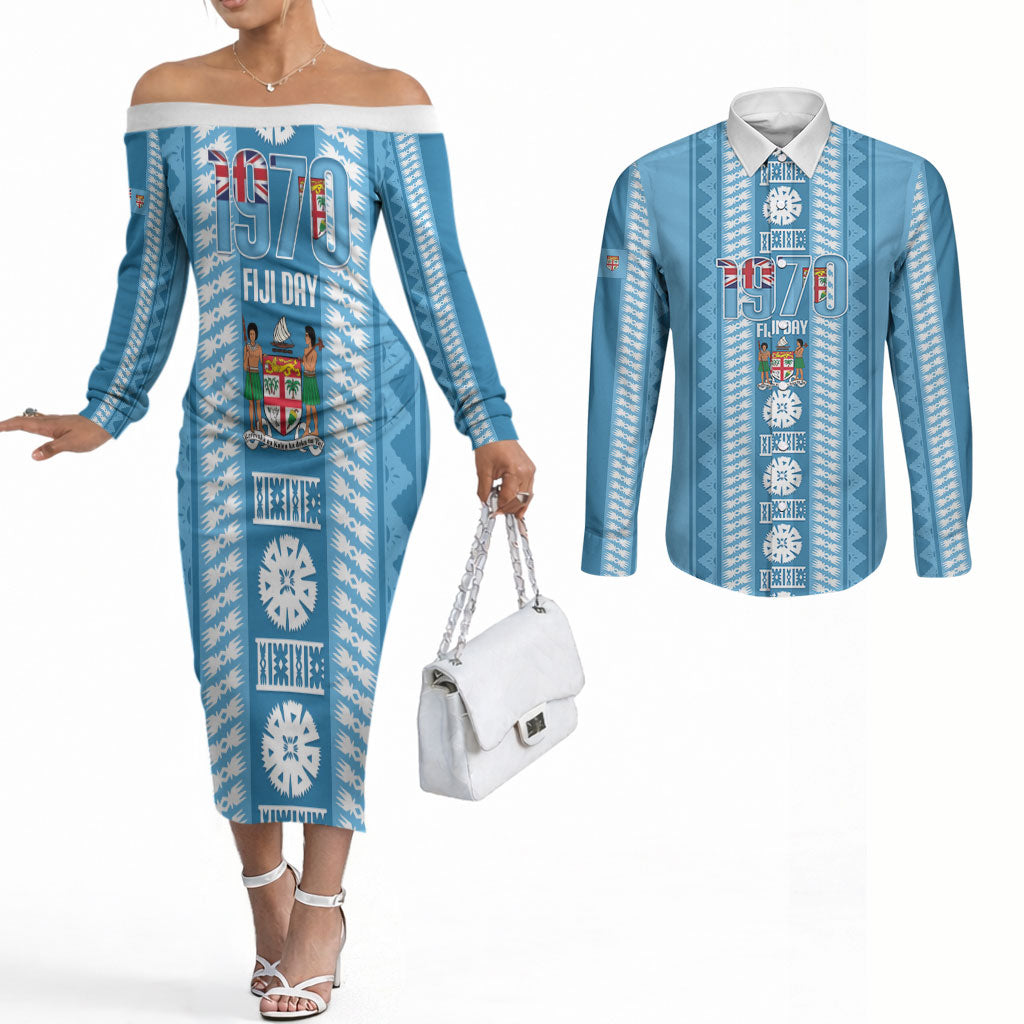 Fiji Day 1970 Couples Matching Off The Shoulder Long Sleeve Dress and Long Sleeve Button Shirt For Fiji Ever Fiji Tapa Pattern Blue LT14 Blue - Polynesian Pride