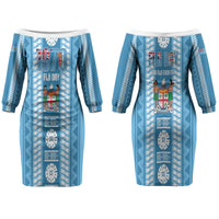 Fiji Day 1970 Couples Matching Off The Shoulder Long Sleeve Dress and Long Sleeve Button Shirt For Fiji Ever Fiji Tapa Pattern Blue LT14 - Polynesian Pride