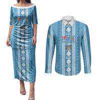 Fiji Day 1970 Couples Matching Puletasi and Long Sleeve Button Shirt For Fiji Ever Fiji Tapa Pattern Blue LT14 Blue - Polynesian Pride