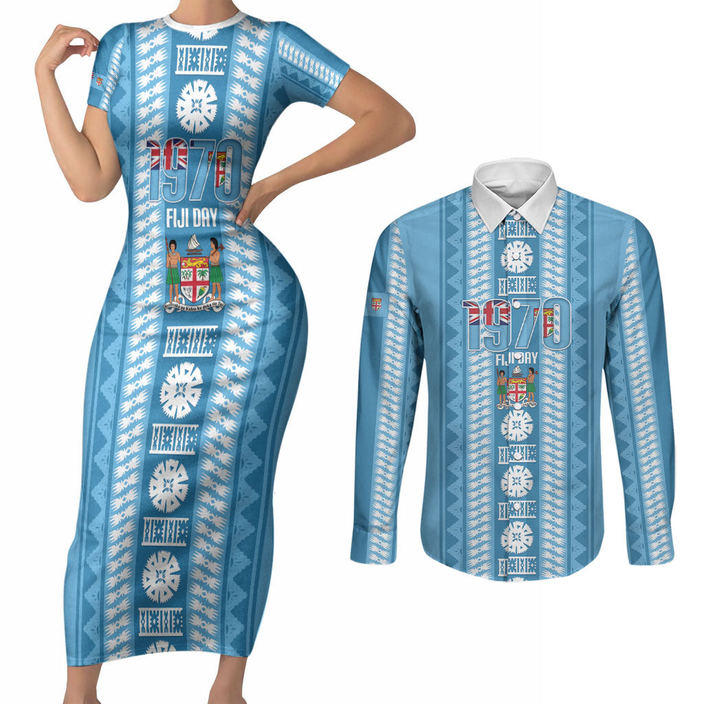 Fiji Day 1970 Couples Matching Short Sleeve Bodycon Dress and Long Sleeve Button Shirt For Fiji Ever Fiji Tapa Pattern Blue LT14 Blue - Polynesian Pride