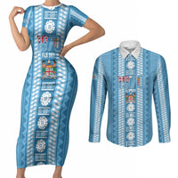 Fiji Day 1970 Couples Matching Short Sleeve Bodycon Dress and Long Sleeve Button Shirt For Fiji Ever Fiji Tapa Pattern Blue LT14 Blue - Polynesian Pride