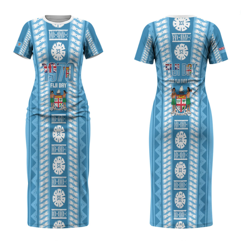 Fiji Day 1970 Couples Matching Short Sleeve Bodycon Dress and Long Sleeve Button Shirt For Fiji Ever Fiji Tapa Pattern Blue LT14 - Polynesian Pride
