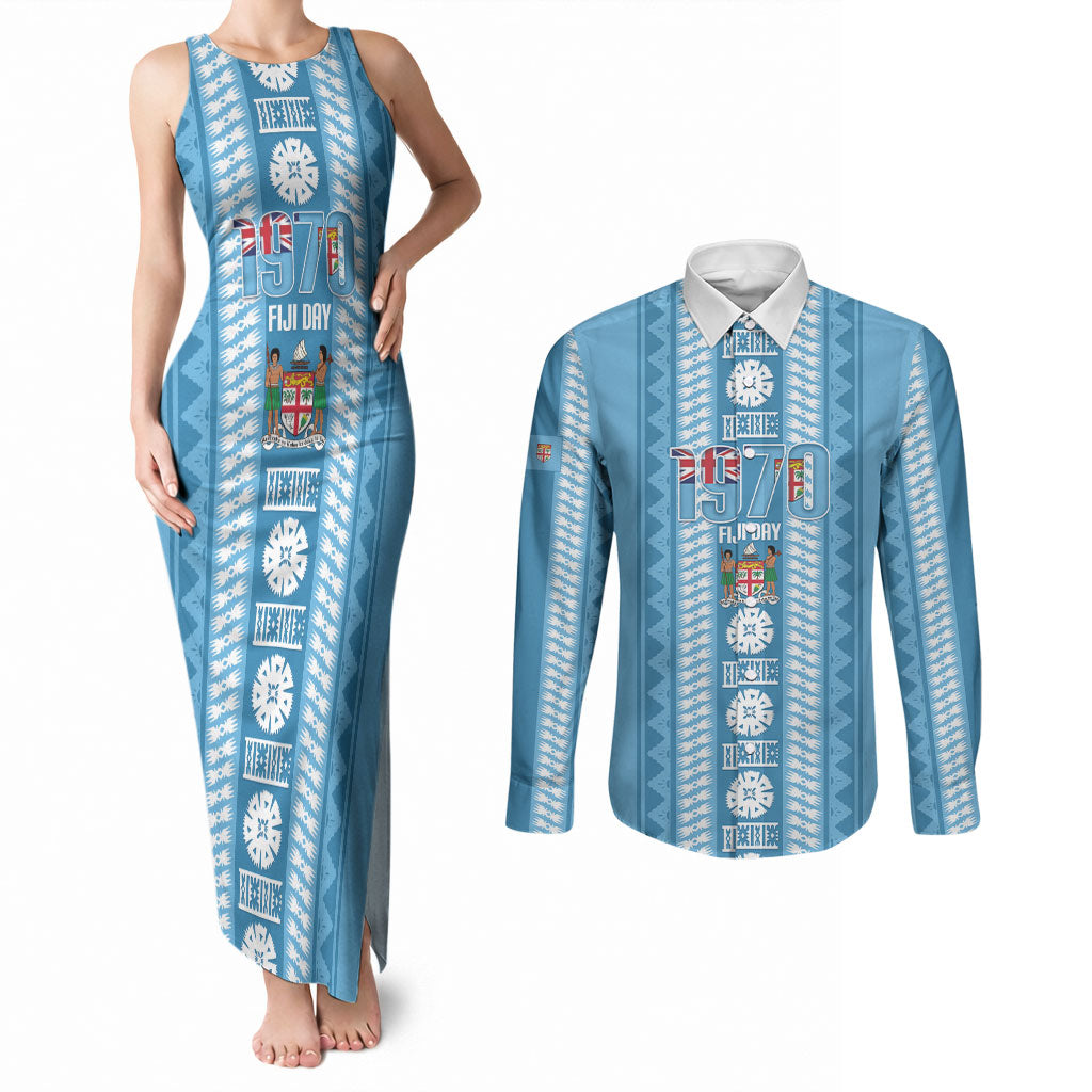 Fiji Day 1970 Couples Matching Tank Maxi Dress and Long Sleeve Button Shirt For Fiji Ever Fiji Tapa Pattern Blue LT14 Blue - Polynesian Pride