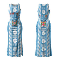 Fiji Day 1970 Couples Matching Tank Maxi Dress and Long Sleeve Button Shirt For Fiji Ever Fiji Tapa Pattern Blue LT14 - Polynesian Pride