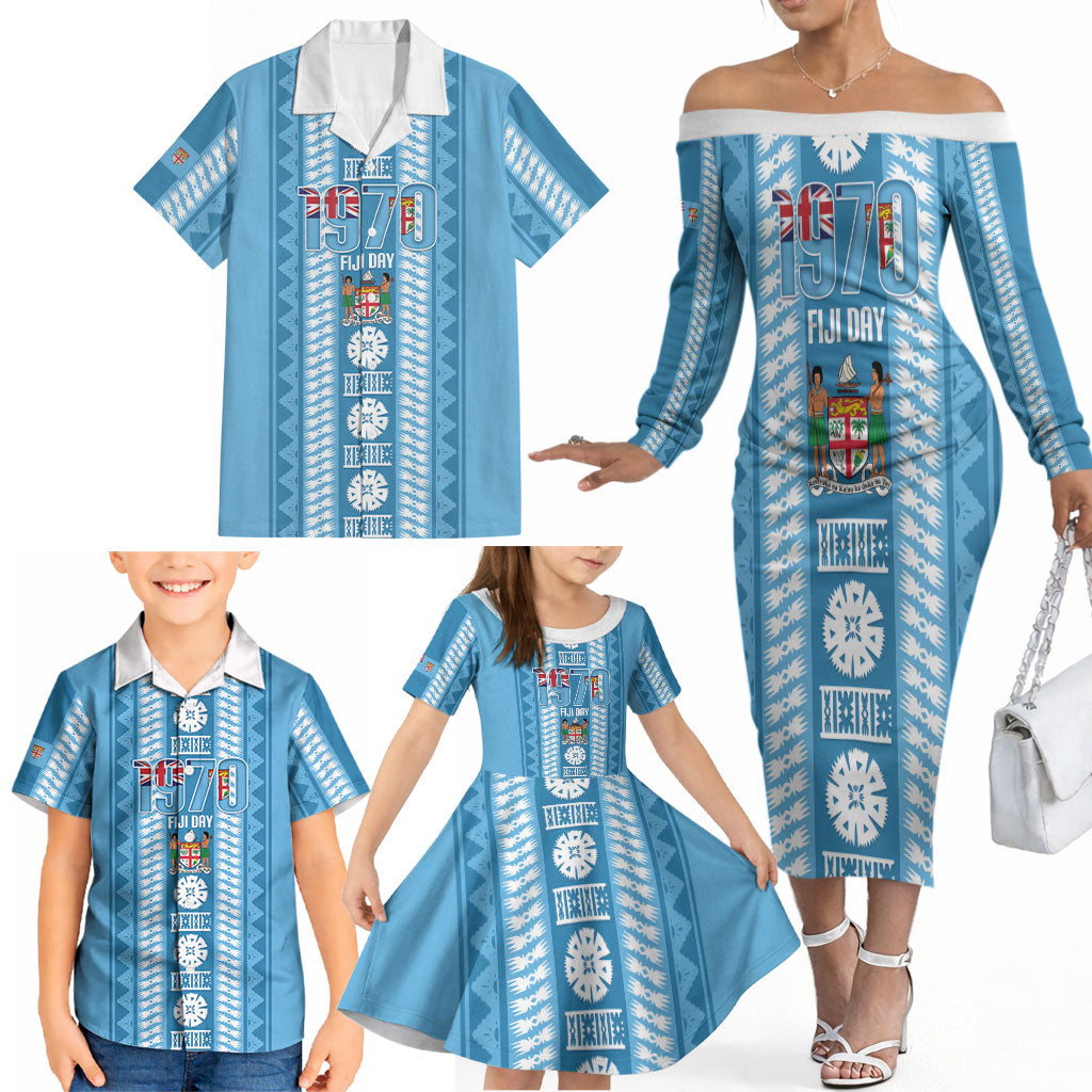 Fiji Day 1970 Family Matching Off The Shoulder Long Sleeve Dress and Hawaiian Shirt For Fiji Ever Fiji Tapa Pattern Blue LT14 - Polynesian Pride