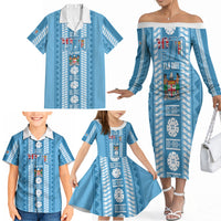 Fiji Day 1970 Family Matching Off The Shoulder Long Sleeve Dress and Hawaiian Shirt For Fiji Ever Fiji Tapa Pattern Blue LT14 - Polynesian Pride