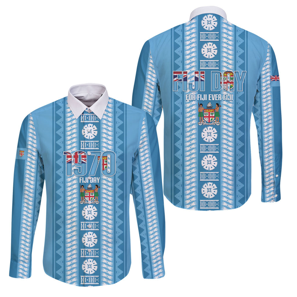 Fiji Day 1970 Family Matching Off The Shoulder Long Sleeve Dress and Hawaiian Shirt For Fiji Ever Fiji Tapa Pattern Blue LT14 Dad's Shirt - Long Sleeve Blue - Polynesian Pride