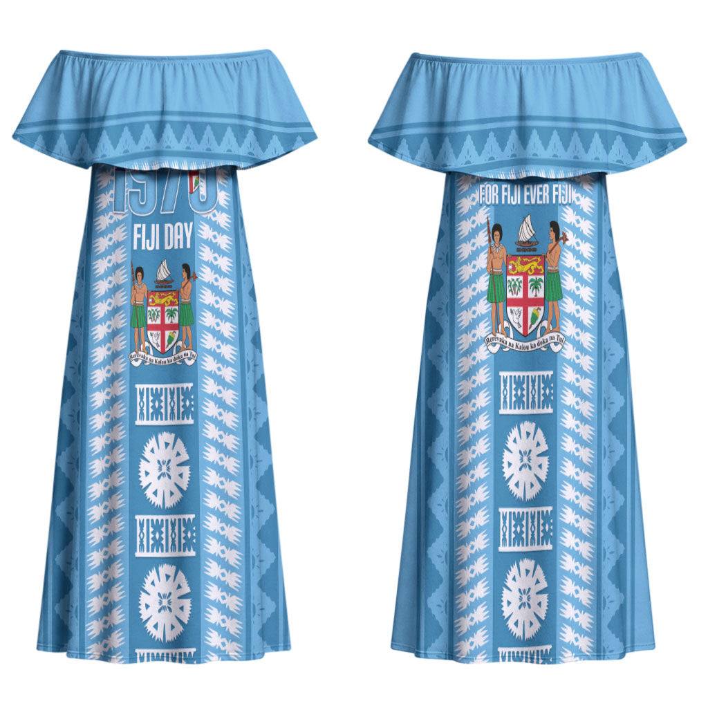 Fiji Day 1970 Family Matching Off Shoulder Maxi Dress and Hawaiian Shirt For Fiji Ever Fiji Tapa Pattern Blue LT14 Mom's Dress Blue - Polynesian Pride