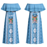 Fiji Day 1970 Family Matching Off Shoulder Maxi Dress and Hawaiian Shirt For Fiji Ever Fiji Tapa Pattern Blue LT14 Mom's Dress Blue - Polynesian Pride