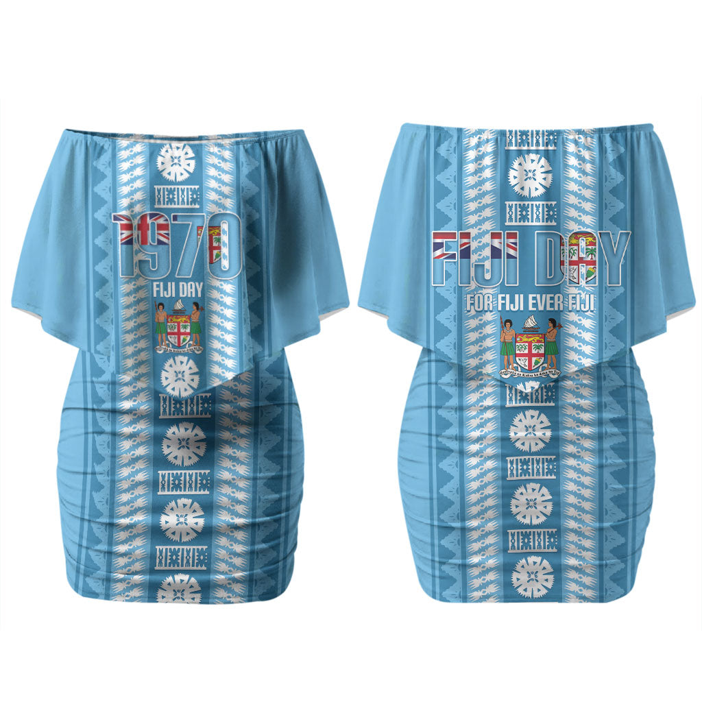 Fiji Day 1970 Family Matching Off Shoulder Short Dress and Hawaiian Shirt For Fiji Ever Fiji Tapa Pattern Blue LT14 Mom's Dress Blue - Polynesian Pride
