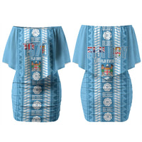 Fiji Day 1970 Family Matching Off Shoulder Short Dress and Hawaiian Shirt For Fiji Ever Fiji Tapa Pattern Blue LT14 Mom's Dress Blue - Polynesian Pride