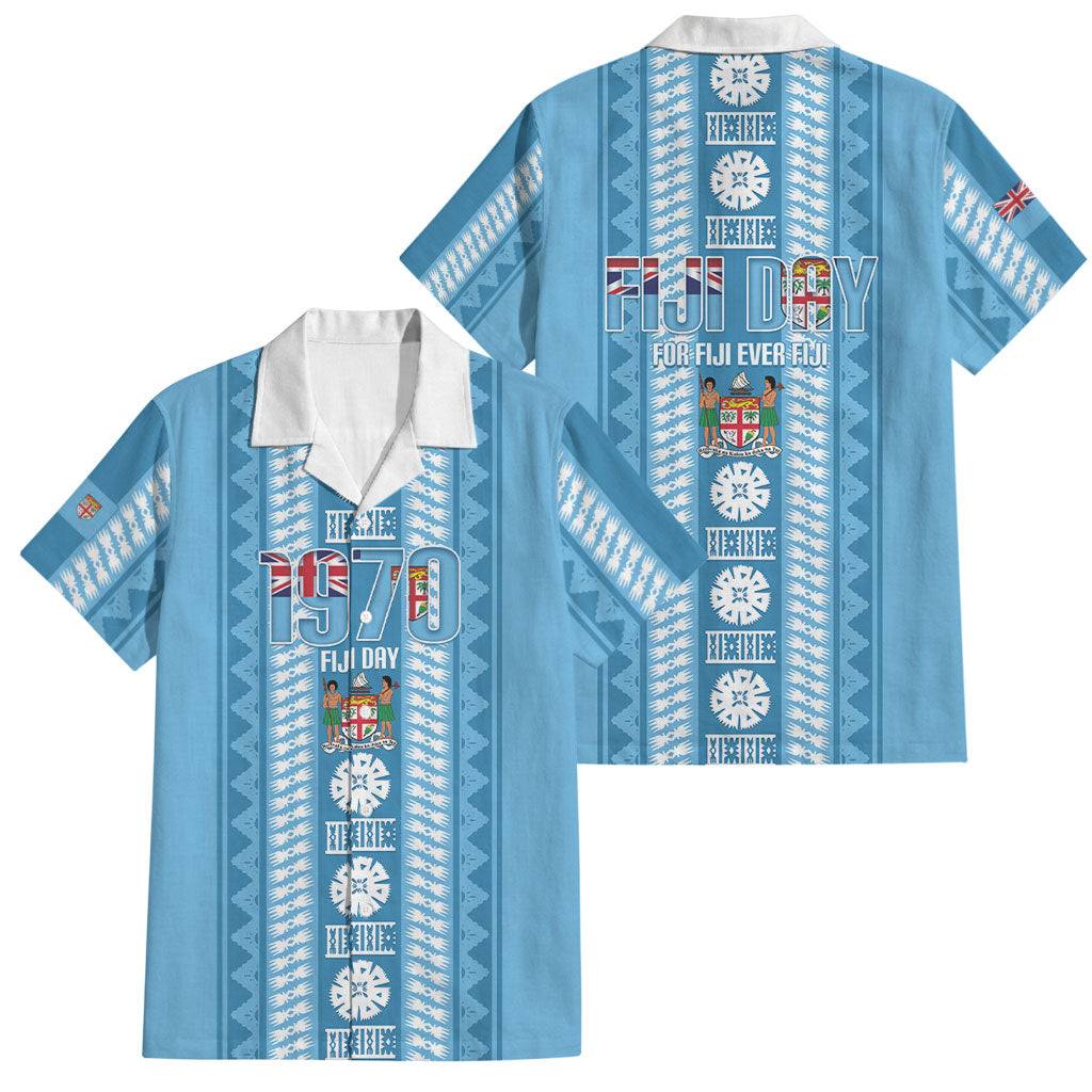 Fiji Day 1970 Family Matching Off Shoulder Short Dress and Hawaiian Shirt For Fiji Ever Fiji Tapa Pattern Blue LT14 Dad's Shirt - Short Sleeve Blue - Polynesian Pride