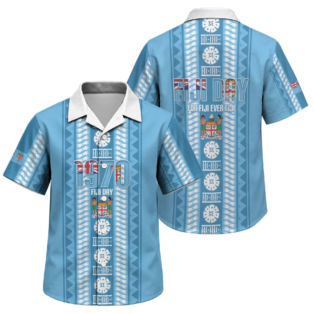 Fiji Day 1970 Family Matching Off Shoulder Short Dress and Hawaiian Shirt For Fiji Ever Fiji Tapa Pattern Blue LT14 Son's Shirt Blue - Polynesian Pride