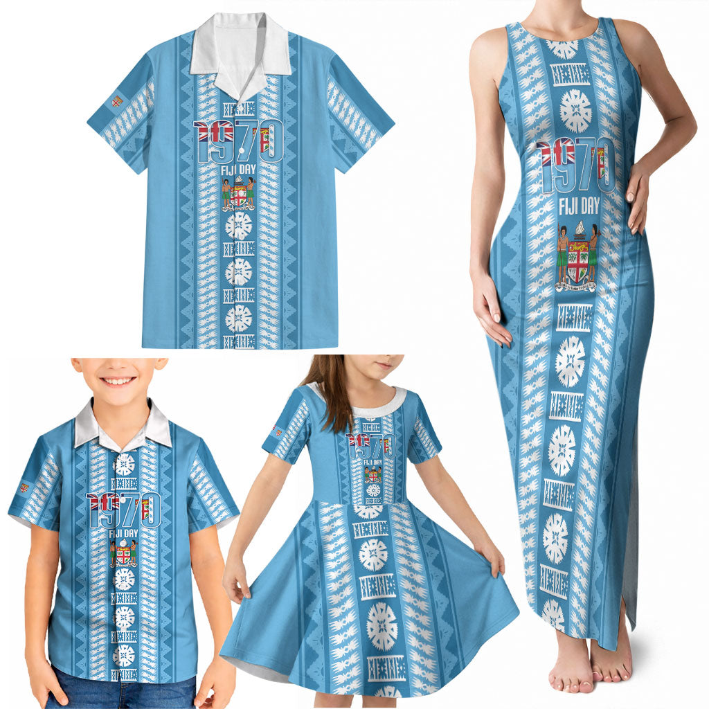 Fiji Day 1970 Family Matching Tank Maxi Dress and Hawaiian Shirt For Fiji Ever Fiji Tapa Pattern Blue LT14 - Polynesian Pride