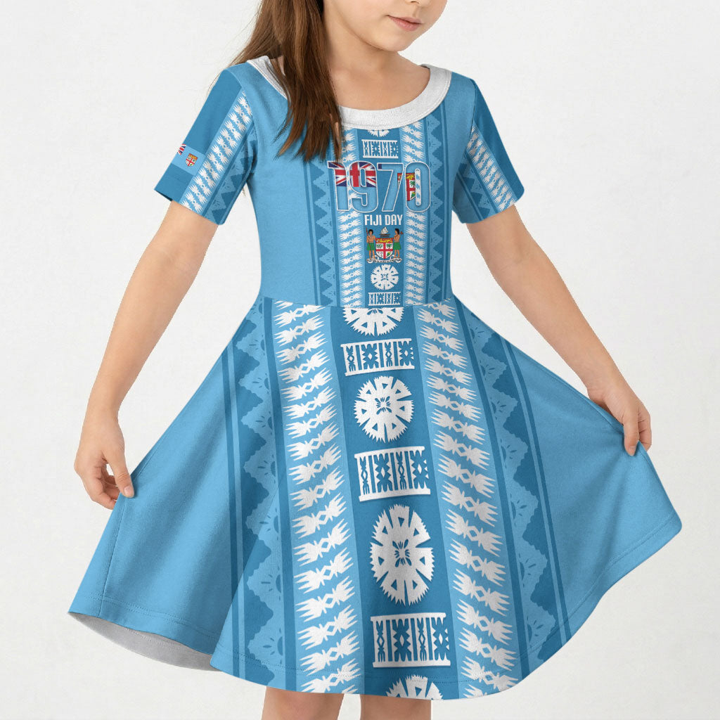 Fiji Day 1970 Kid Short Sleeve Dress For Fiji Ever Fiji Tapa Pattern Blue LT14 KID Blue - Polynesian Pride