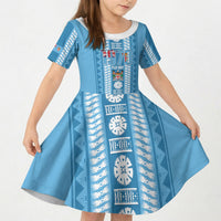 Fiji Day 1970 Kid Short Sleeve Dress For Fiji Ever Fiji Tapa Pattern Blue LT14 KID Blue - Polynesian Pride