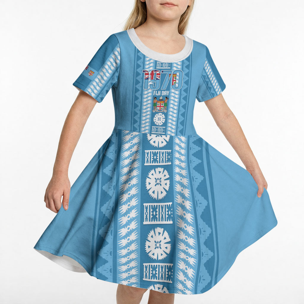 Fiji Day 1970 Kid Short Sleeve Dress For Fiji Ever Fiji Tapa Pattern Blue LT14 - Polynesian Pride