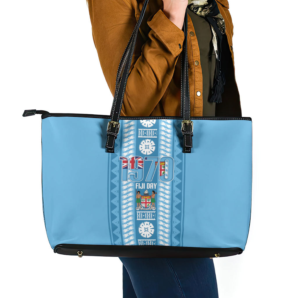 Fiji Day 1970 Leather Tote Bag For Fiji Ever Fiji Tapa Pattern Blue LT14 - Polynesian Pride
