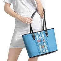 Fiji Day 1970 Leather Tote Bag For Fiji Ever Fiji Tapa Pattern Blue LT14 - Polynesian Pride