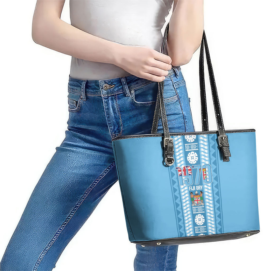 Fiji Day 1970 Leather Tote Bag For Fiji Ever Fiji Tapa Pattern Blue LT14 - Polynesian Pride