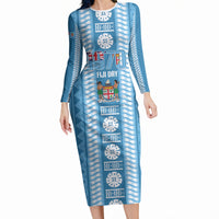 Fiji Day 1970 Long Sleeve Bodycon Dress For Fiji Ever Fiji Tapa Pattern Blue LT14 Long Dress Blue - Polynesian Pride