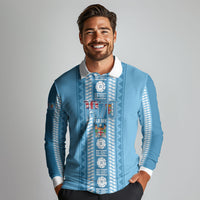 Fiji Day 1970 Long Sleeve Polo Shirt For Fiji Ever Fiji Tapa Pattern Blue LT14 - Polynesian Pride