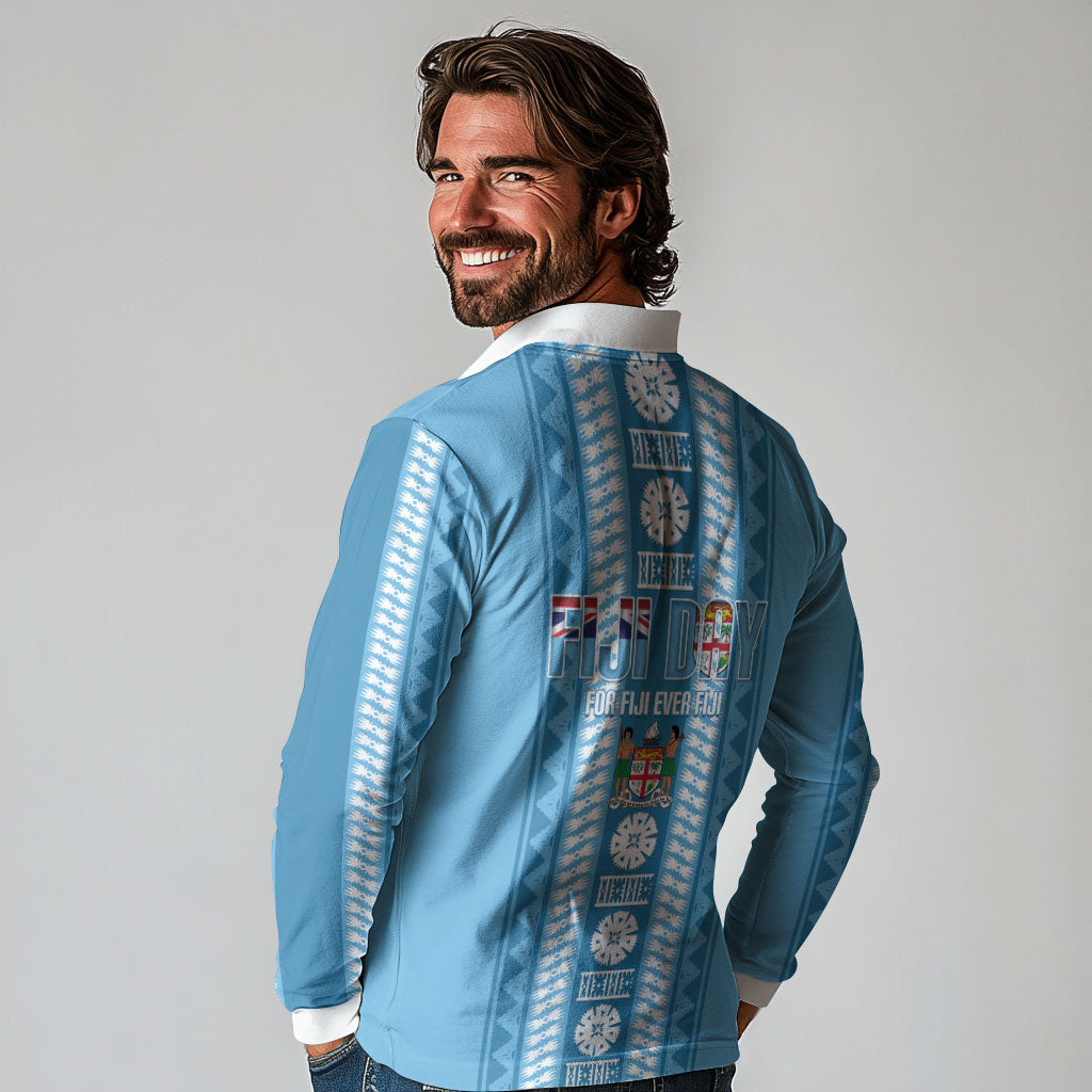 Fiji Day 1970 Long Sleeve Polo Shirt For Fiji Ever Fiji Tapa Pattern Blue LT14 - Polynesian Pride