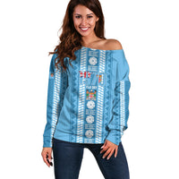 Fiji Day 1970 Off Shoulder Sweater For Fiji Ever Fiji Tapa Pattern Blue LT14 Women Blue - Polynesian Pride